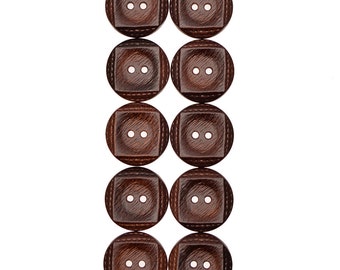 May include: A set of ten brown wooden buttons with two holes each. The buttons are arranged in a vertical row.
