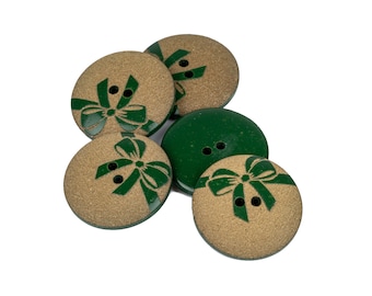 Mibo Polyester Holiday Button - 2 Hole - Gold Glitter Pearl with Lasered Bow Pattern - 44Line(28mm) - Green / Red / White on Gold