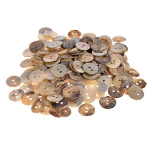 以下が含まれることがあります： 茶色と白の貝殻のボタンの山。ボタンは丸く、2つの穴があります。