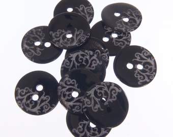 Agoya Shell Buttons - 2 Hole -Laser Etched Vine Pattern - Natural or Dyed Black Colours - 20Line(14mm), 28Line(18mm), 36Line(22mm)