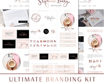 171 piece Rose Gold Blush Glitter Script Boutique Logo Makeover, Branding Kit, Blog Kit, Website Design Kit, Business Stationery