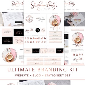 171 piece Rose Gold Blush Glitter Script Boutique Logo Makeover, Branding Kit, Blog Kit, Website Design Kit, Business Stationery