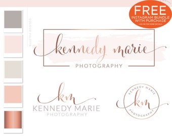 Rose Gold Photography Logo Branding Kit, Blush Wedding Photographer Marketing Set, Calligraphy Stamp Photo Watermark Boutique, 060