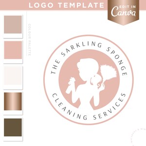 Création de logo de femme de ménage modifiable sur Canva avec icône femme de chambre et plumeau, kit de marque pour services de nettoyage de maison