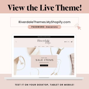 May include: A laptop screen displaying the Riverdale Boutique website with a navigation menu, a banner reading SHOP OUR SALE ITEMS, and a SHOP NOW button. The text RiverdaleThemes.MyShopify.com and PASSWORD: macarons are visible above the screen.