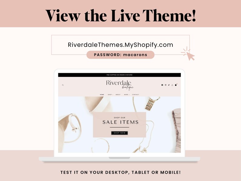May include: A laptop screen displaying the Riverdale Boutique website with a navigation menu, a banner reading SHOP OUR SALE ITEMS, and a SHOP NOW button. The text RiverdaleThemes.MyShopify.com and PASSWORD: macarons are visible above the screen.