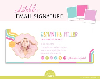 Email Signature Template with Logo & Photo, Editable Canva Retro Signature Design, Rainbow Professional Bright Business Marketing Gmail LS01