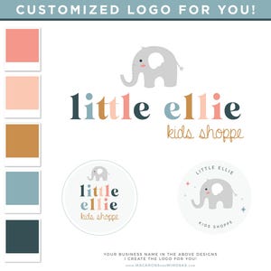 Baby Elephant Logo Design Customized for Your Small Business, Kids Boutique or Party Store - Cute Branding Kit Package
