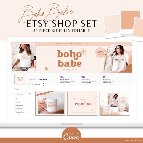 Etsy-Banner-Vorlagen-Kit für Canva, Boho-Etsy-Shop-Kit mit Listing-Vorlagen, Etsy-Seller-Success-Store-Branding-Shop-Design-Vorlagen BB01