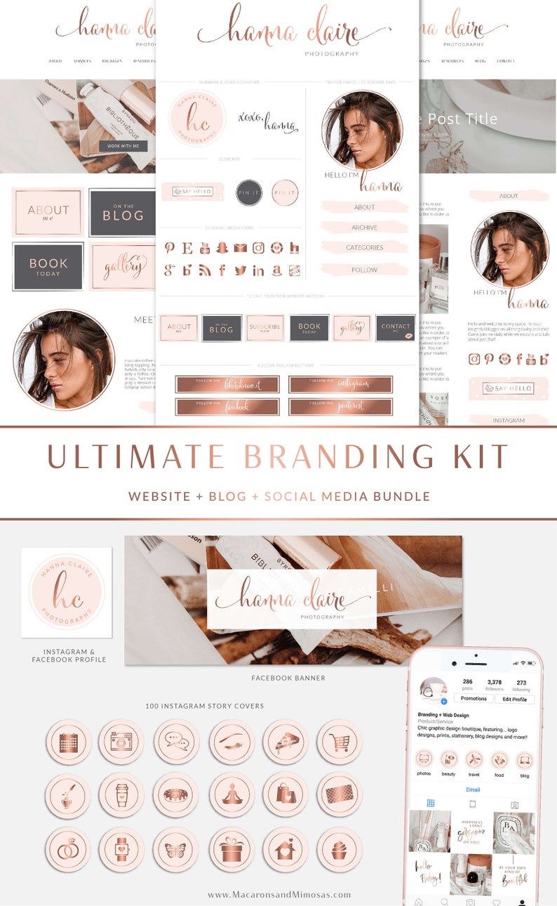 171 piece Ultimate Watercolor Logo, Branding Kit, Blog Kit, Rose Gold Boutique Website Design for Showit, WordPress or Studio Press Theme 