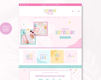 May include: A website interface for Lemonade Stand featuring a light pink color scheme, a navigation menu, a hero section with best seller imagery, and a grid of promotional squares. The page includes text elements like Best Sellers, New In, and Sale.