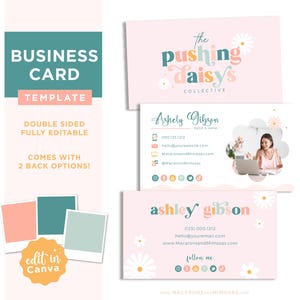 Bewerkbare sjabloon voor retro-visitekaartjes madeliefjes met speels roze pastel regenboog bubbellettertypeontwerp - PD01