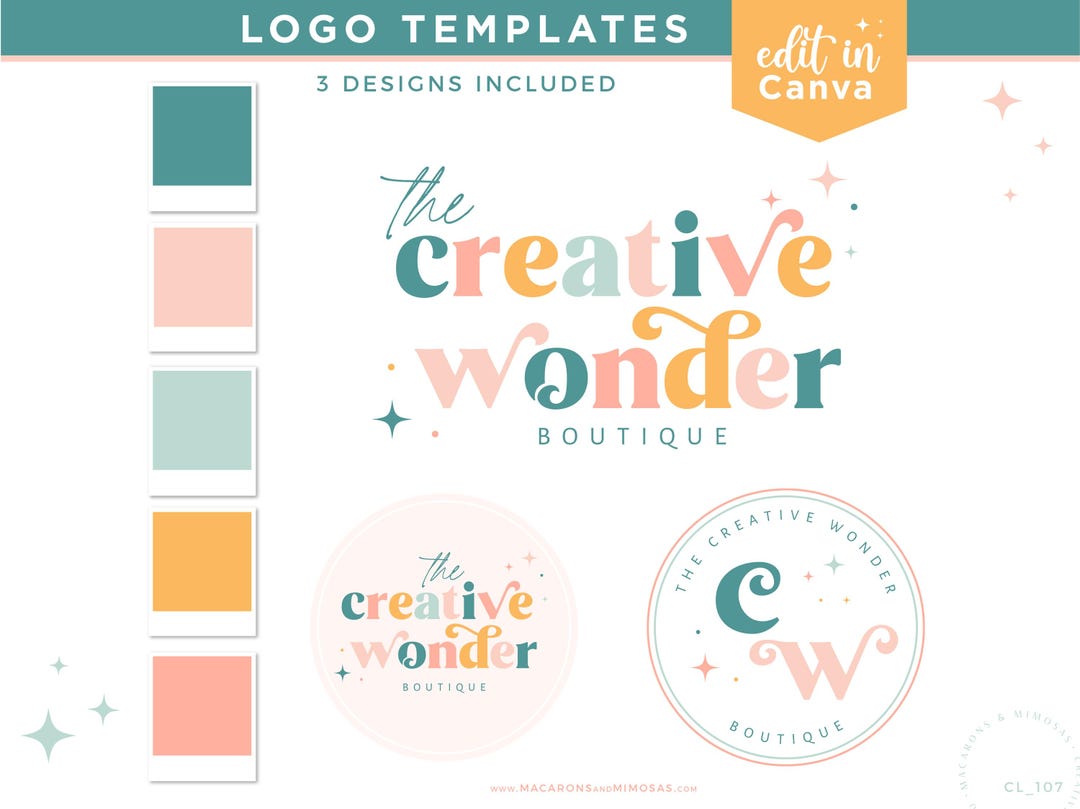 DIY Colorful Boho Logo Bundle, Editable Canva Logo Template, Retro ...