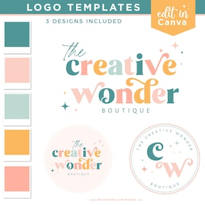 DIY Colorful Boho Logo Bundle, Editable Canva Logo Template, Retro Sparkle Logo, Small Business Branding Kit, Bright Boutique Logo PD01