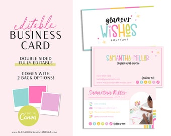 Canva Business Card Template, Rainbow Card Design for Small Business, Editable DIY Instagram Business Cards with hearts and sparkles LS01