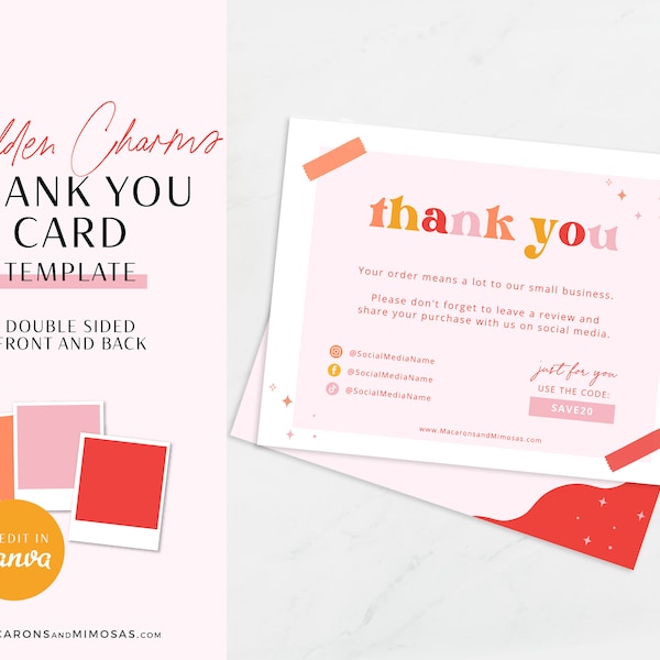 Retro Thank You Card Template, Editable Bright Boho Insert Card for Packaging, Small Business Thank You Template add logo in Canva GC01