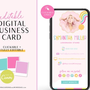 Modelo de cartão de visita digital editável no Canva em Retro Rainbow Vibes com links clicáveis, marketing para pequenas empresas - LS01