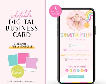 Digital Business Card Template Canva, Retro Rainbow Clickable Business Card Bundle, Editable Real Estate Card Design for Small Business LS01