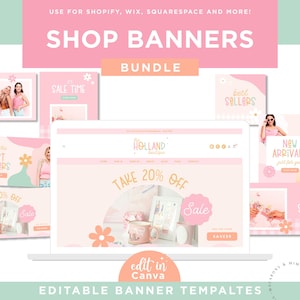May include: A collection of pink and white editable shop banners with text that says "Shop Banners Bundle", "Take 20% Off", "Best Sellers", "New Arrivals", "Sale Time", "Gift Ideas", and "Edit in Canva".
