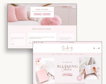 Könnte beinhalten: Eine digitale Darstellung des Shopify-Themes Sydney mit einem Website-Layout in zarten Rosatönen. Die Benutzeroberfläche umfasst Navigationsmenüs, Produktkollektions-Banner mit dem Text Blushing Collection sowie Bereiche für Kundenbewertungen.