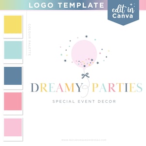 Ballonlogo feestplanner, logo evenementplanner, helder pastelkleurig logo bewerkbaar in canvas, feestverhuurlogo en kant-en-klare DIY-brandingkit