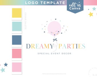 Party Planner Balloon Logo, Event Planner Logo, Bright Pastel Logo Editable in Canva, Party Rental Logo & Premade DIY Branding Kit