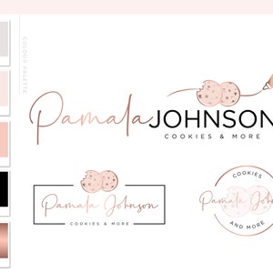Cookie Bake Logo Design and Branding Kit with Business Cards for Custom Cakes Bakery in Rose Gold Pink for Instagram Brand Package