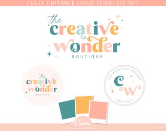 DIY Colorful Boho Logo Bundle, Editable Canva Logo Template, Retro Sparkle Logo, Small Business Branding Kit, Bright Boutique Logo PD01