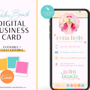 Plantilla personalizable y vibrante de Canva para tarjetas de presentación digitales en estilo retro de arcoíris con un lindo ambiente de Palm Springs