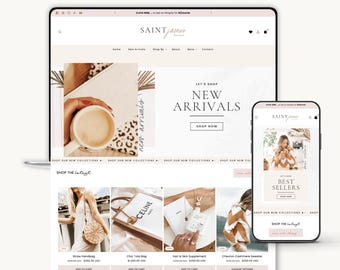 Könnte beinhalten: Eine digitale Darstellung des Saint James Shopify-Themes auf einem Laptop- und Smartphone-Bildschirm. Die Website zeigt eine helle Farbpalette, Navigationsmenüs und Produktraster mit einer Strohtasche, einer Tragetasche und einem Pullover.
