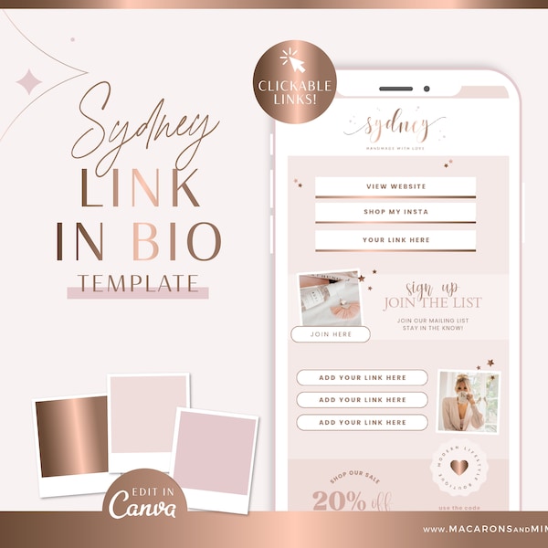 Link in Bio Website Template Canva, Luxe Instagram Landing Page, Rose Gold Canva Website Template, Pink Bio Links Web Design SYD