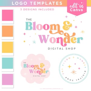 Rainbow Logo Design Template Editable in Canva, Cute Colorful Retro Playful Branding Kit for Small Business  BW01