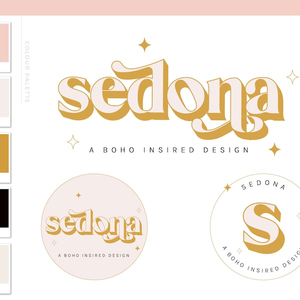 Boho Retro Logo, Bright Bohemian 60s 70s Branding Kit, Vintage Text Logo & Brand Design, Blog Header, Modern Hippie Boutique Shop Logo SE01