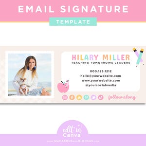 Puede incluir: Plantilla de firma de correo electrónico con un esquema de color rosa, blanco y amarillo. La plantilla presenta una foto de una mujer con un perro pequeño, una manzana roja con una hoja y iconos de redes sociales. El texto dice "Hilary Miller, Enseñando a los líderes del mañana, 000.123.1212, hello@yourwebsite.com, www.yourwebsite.com, @yoursocialmedia, síguenos, editar en Canva, www.MACARONSandMIMOSAS.com".