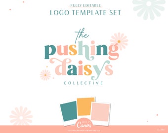 Editable Daisy Flower Logo Canva Template, DIY Fun Colorful Boho Logo Design, Preppy Pastel Branding Kit, Bright Retro Boutique Bundle PD01