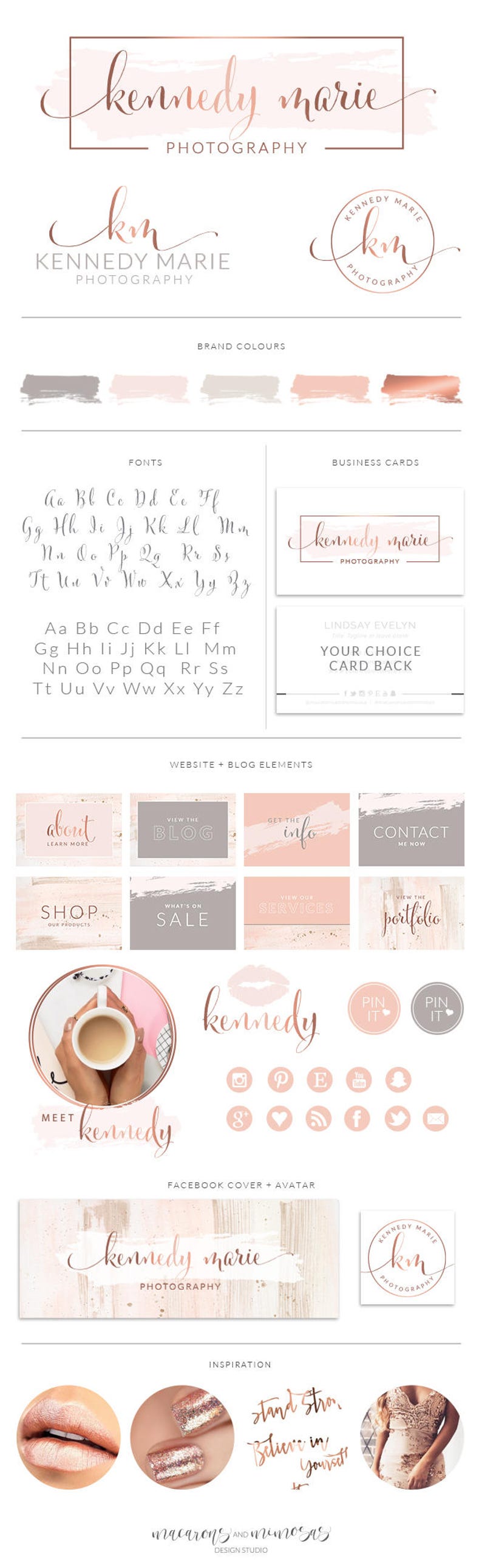 Rose Gold Photography Logo Branding Kit, Blush Wedding Photographer Marketing Set, Calligraphy Stamp Photo Watermark Boutique, 060 image 2