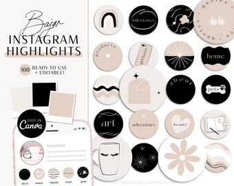 Instagram Highlight Icons Boho Black, Covers for Instagram Stories, Nude Black IG Highlight Covers, Canva Instagram Highlight Icons Pack B01