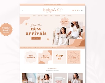 Shopify Theme Boho Template, Online Apparel Boutique Store Banner, Neutral Peach Pink Shopify, Shopify 2.0 Design, Ecommerce Website BB01