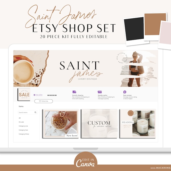 Boho Etsy Banner Set, Brand your Etsy Shop Business with Boho Logos and Branding Kit, Fun Neutral Etsy Shop Kit, Etsy Templates SJ01