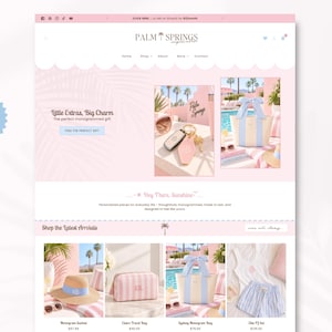 May include: A website homepage for Palm Springs featuring a light pink colour scheme. The layout displays product categories including a monogrammed sun hat, a striped travel bag, a striped tote bag, and a pyjama set with text and navigation menus.