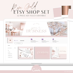 Etsy Shop Kit, Banner Kit, Pink Etsy Shop Branding Kit with elegant banner bundle set for Canva template, Etsy Store Listing Aesthetic image 1