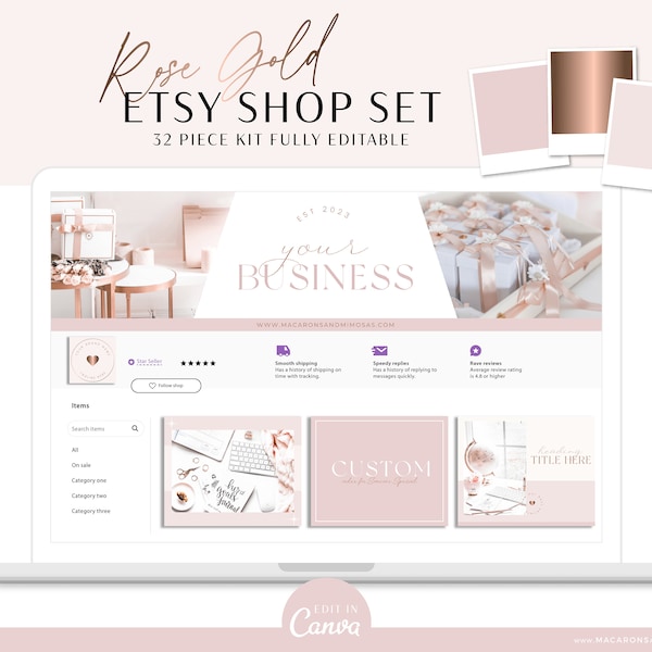 Etsy Shop Kit, Banner Kit, Pink Etsy Shop Branding Kit with elegant banner bundle set for Canva template, Etsy Store Listing Aesthetic