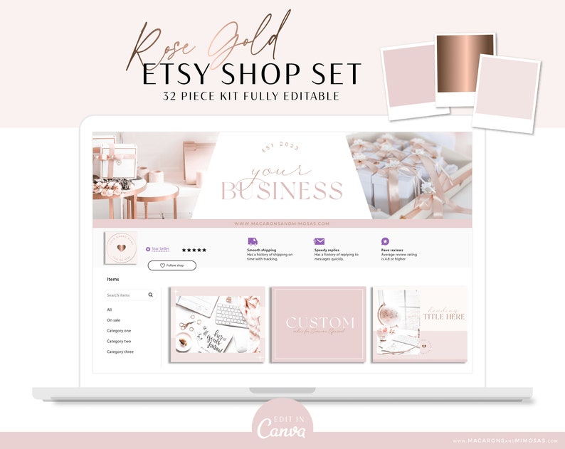 Etsy Shop Kit, Banner Kit, Pink Etsy Shop Branding Kit with elegant banner bundle set for Canva template, Etsy Store Listing Aesthetic image 1