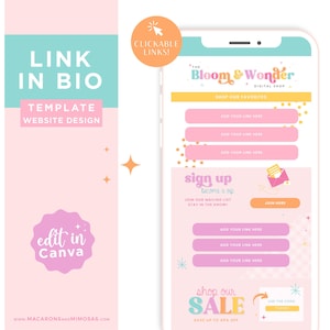 Può includere: Un mockup di uno schermo di telefono cellulare rosa e blu con un modello di progettazione di sito web per un negozio digitale chiamato "The Bloom & Wonder". Il modello include link cliccabili, un modulo di iscrizione e una sezione "Shop our sale". Il testo "edit in Canva" è sul lato sinistro dell'immagine.