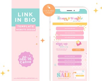 Könnte beinhalten: Ein rosa-blaues Handy-Bildschirm-Mockup mit einer Website-Design-Vorlage für einen digitalen Shop namens "The Bloom & Wonder". Die Vorlage enthält klickbare Links, ein Anmeldeformular und einen Shop-Sale-Bereich. Der Text "edit in Canva" befindet sich auf der linken Seite des Bildes.