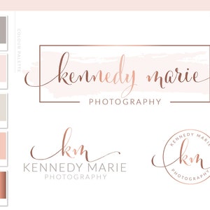 Rose Gold Photography Logo Branding Kit, Blush Wedding Photographer Marketing Set, Calligraphy Stamp Photo Watermark Boutique, 060 image 1