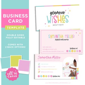May include: A pink and white business card template with the text "glamour wishes boutique" and "Samantha Miller stylist and owner". The template includes a logo with colorful text and a floral design. The back of the card has a photo of a person working on a project and the text "follow me".