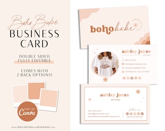 Boho Business Card Template Canva, DIY editable Canva Template in a chic pink daisy design, printable business card for small business BB01
