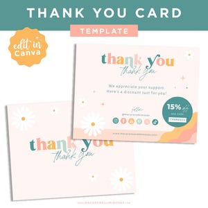Modèle de carte de remerciement modifiable fleur rétro pour petite entreprise - Téléchargement numérique imprimable Canva PD01