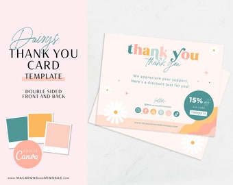 Retro Daisy Thank You Card Template Canva Editable, Daisy Flower Branding, Printable Thank You Card Small Business, Shop Order Card PD01